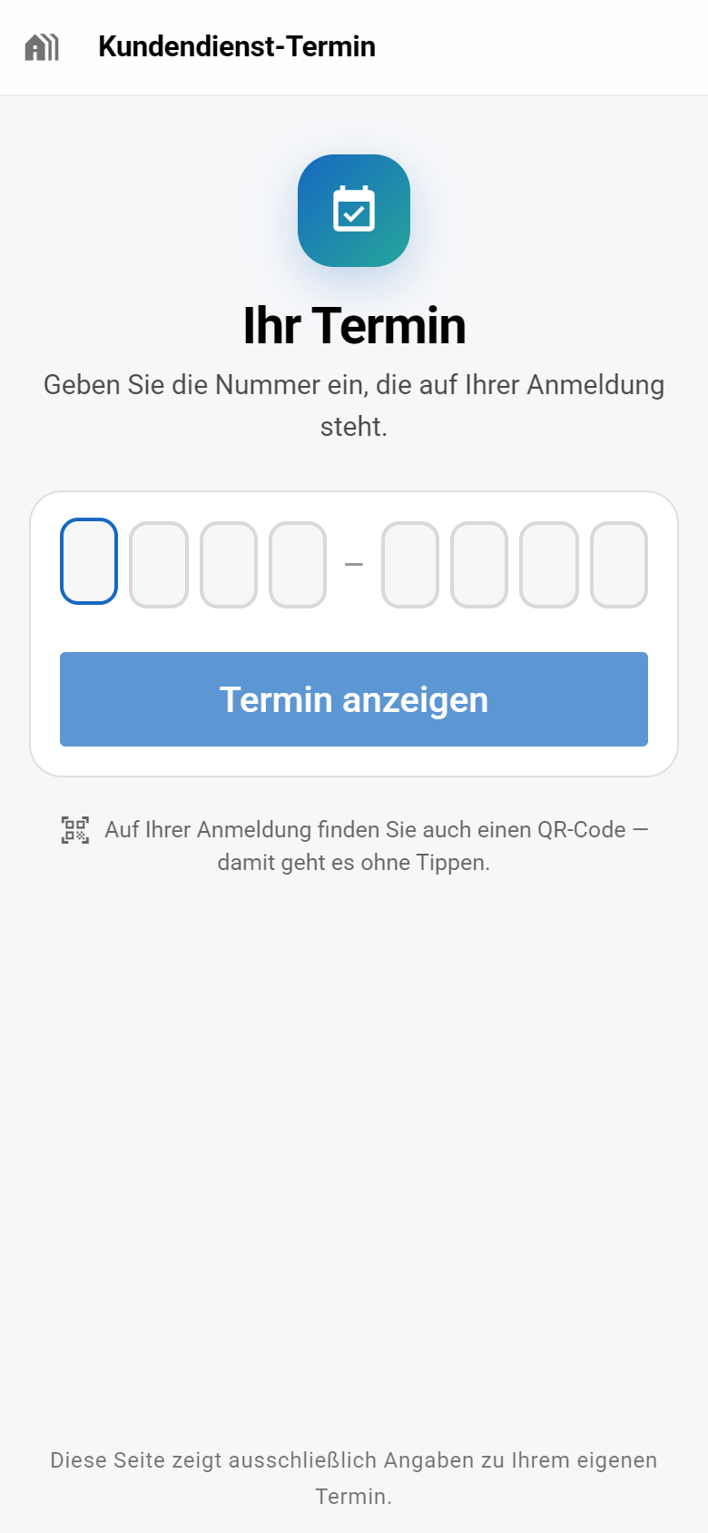 Die Seite Ihr Termin mit acht Kästchen für die Nummer und dem Knopf Termin anzeigen