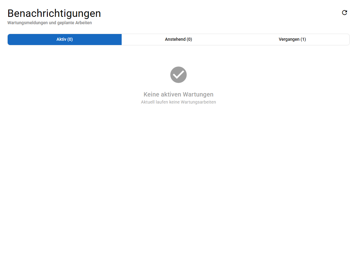 Die Seite Benachrichtigungen mit den Reitern Aktiv, Anstehend und Vergangen
