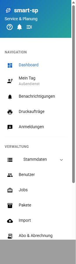 Das Menü von smart-sp mit den Bereichen Navigation, Verwaltung, Auswertungen und Planung