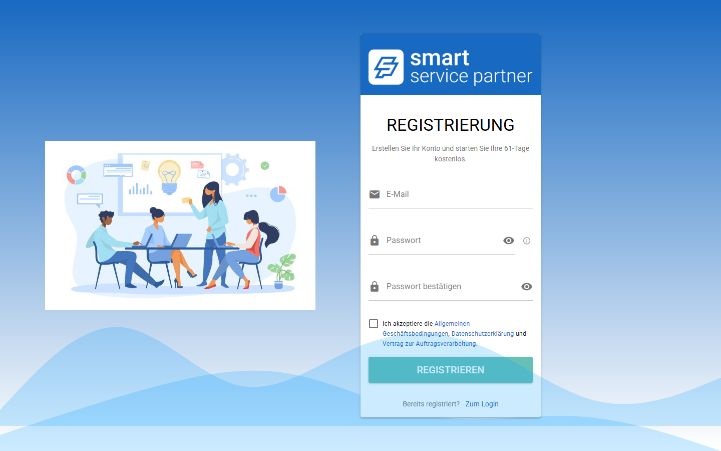 Die Seite Registrierung mit E-Mail, Passwort, Passwort bestätigen und der Zustimmung zu den Bedingungen