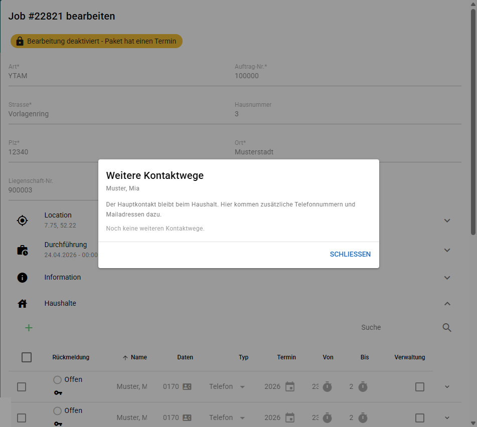 Der Dialog Weitere Kontaktwege mit Liste und Eingabezeile für Typ, Telefonnummer und Bezeichnung
