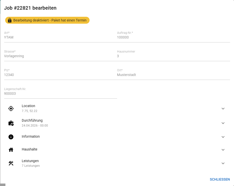 Der Dialog Job bearbeiten mit Adressfeldern und den aufklappbaren Bereichen
