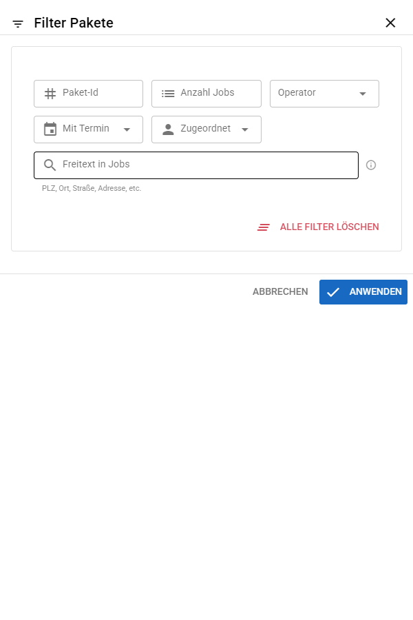 Das Fenster Filter Pakete mit den Feldern Paket-Id, Anzahl Jobs, Mit Termin, Zugeordnet und Freitext in Jobs