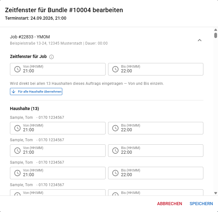 Das Fenster Zeitfenster für Bundle mit einem Job, dessen Zeitfenster und den Haushalten darunter