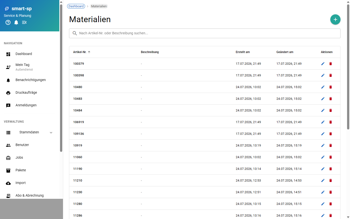 Liste der Materialien mit Artikel-Nr., Beschreibung und Änderungsdatum