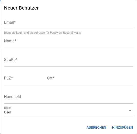 Dialog Neuer Benutzer mit E-Mail, Name, Anschrift, Handheld und Rolle