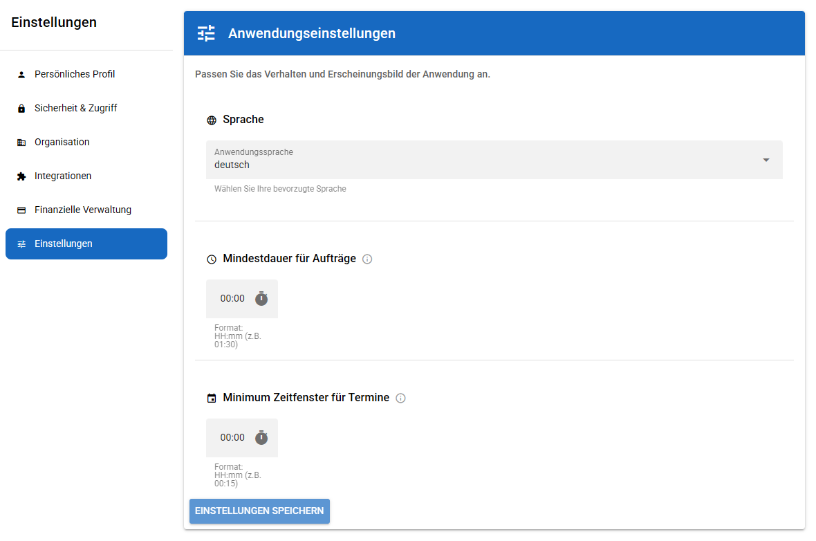 Bereich Einstellungen mit Sprache, Mindestdauer für Aufträge und Minimum Zeitfenster