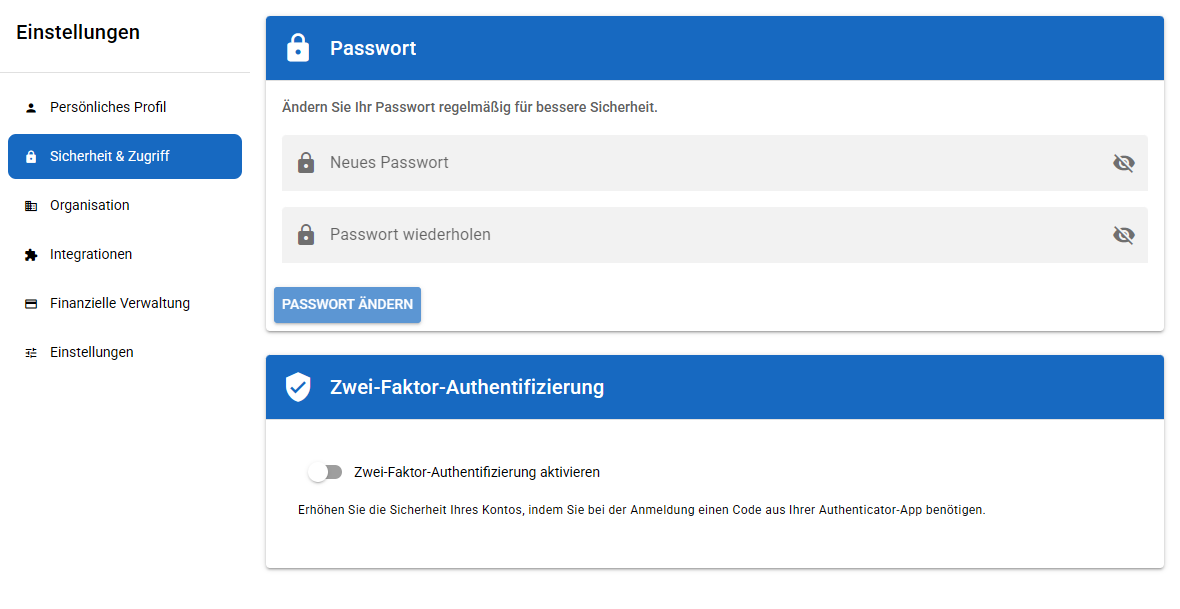 Bereich Sicherheit & Zugriff mit Passwort und Zwei-Faktor-Authentifizierung