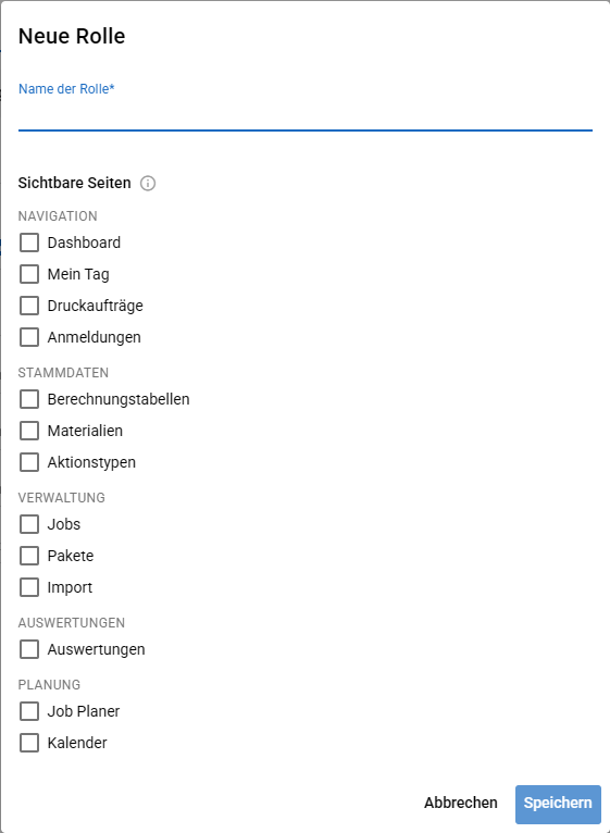 Dialog Neue Rolle mit Name und den Häkchen unter Sichtbare Seiten